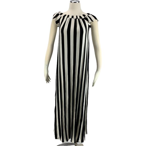 J Mode NWT Small Black White Striped Dress Maxi d682 Stretch Rayon - Picture 1 of 7